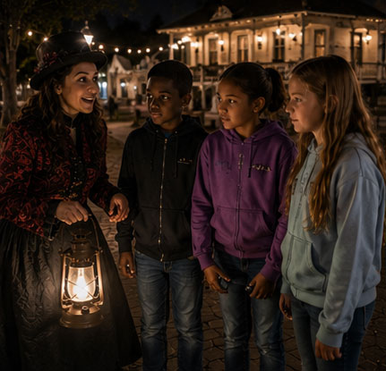 Tour guide with kids on a ghost tour