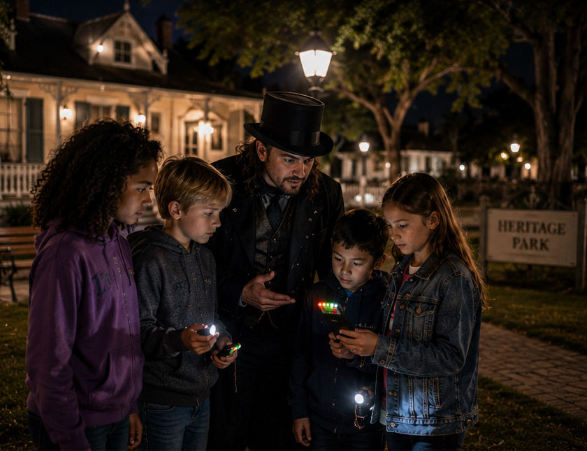 Guide showing kids ghost hunting tools at Heritage Park